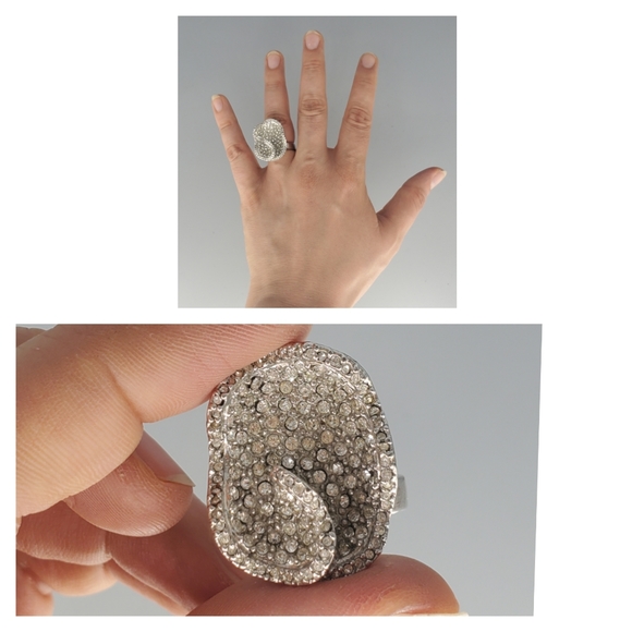 Abstract Silvertone Rhinestone Cocktail Ring - Picture 1 of 12